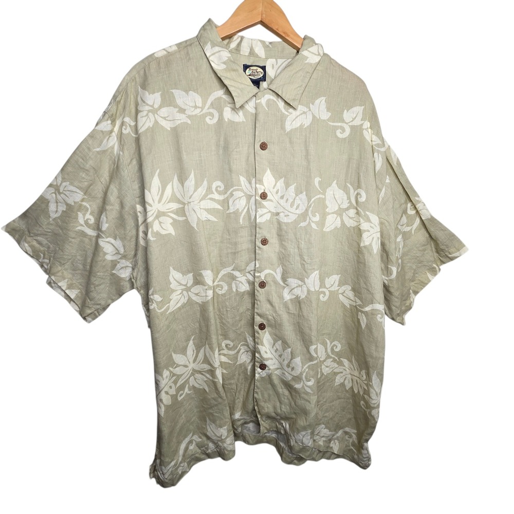 Tommy Bahama Mens Sage Linen Floral Hawaiian Shirt XXL Coconut Buttons Beach